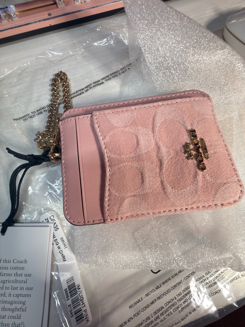 Coach Zip Card Case w/ Chain & Charm in Light Pink Signature Denim & Leather NWT